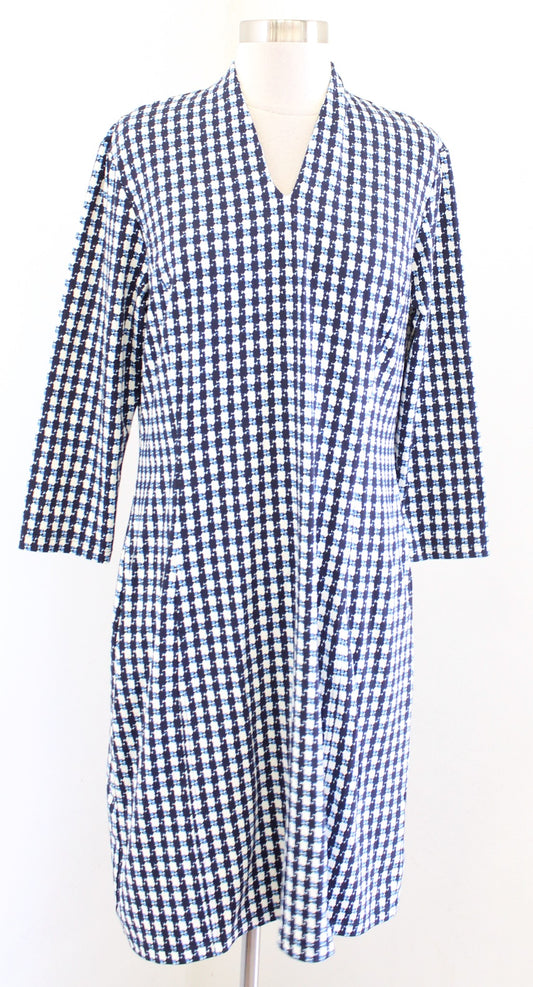 J McLaughlin Blue Geometric Catalina Cloth High V Neck 3/4 Sleeve Dress Size L
