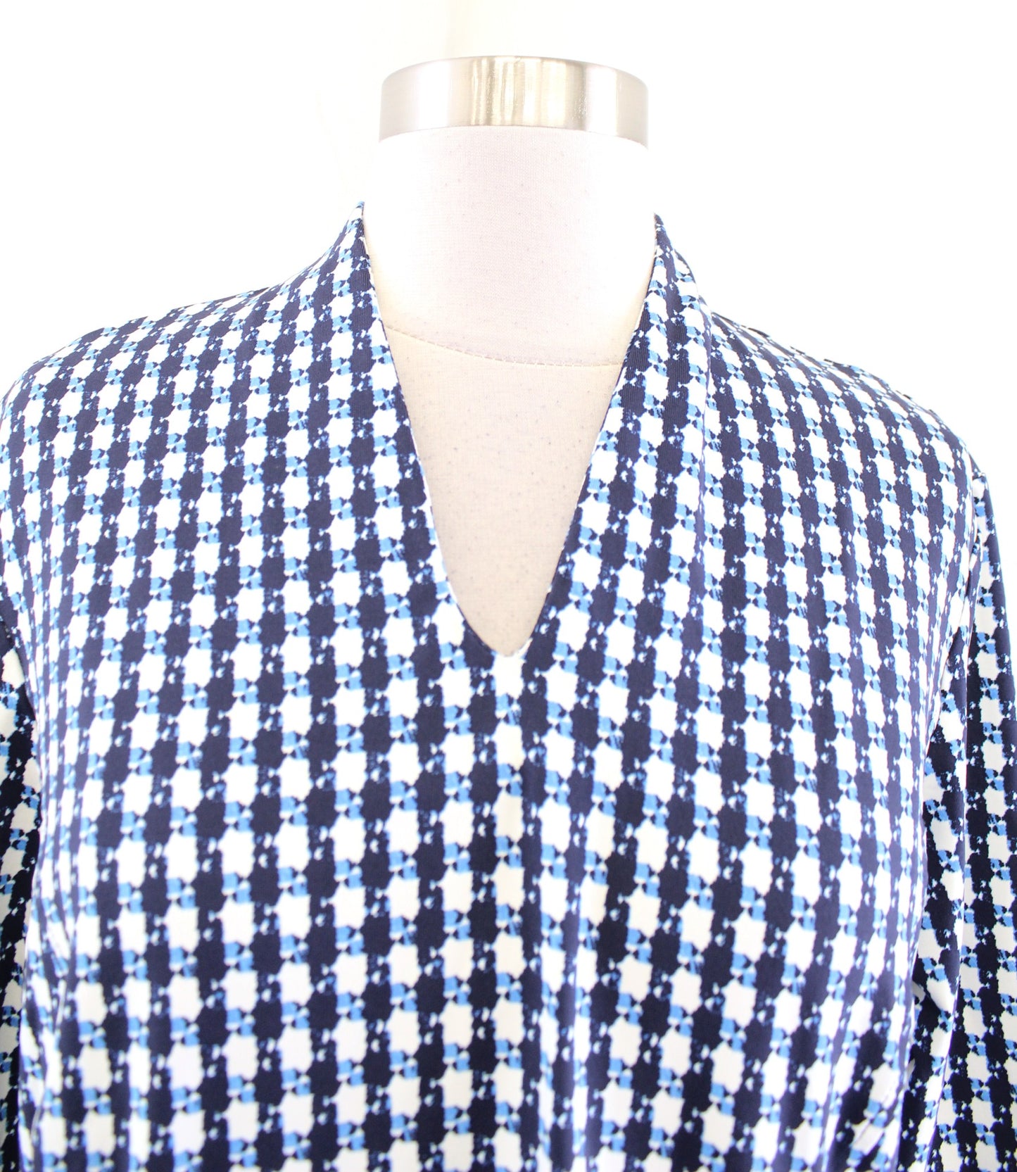 J McLaughlin Blue Geometric Catalina Cloth High V Neck 3/4 Sleeve Dress Size L