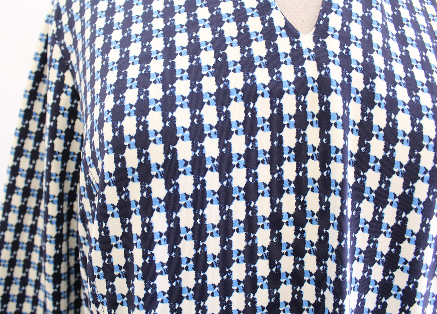 J McLaughlin Blue Geometric Catalina Cloth High V Neck 3/4 Sleeve Dress Size L
