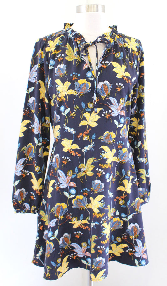 NWT Ann Taylor Loft Navy Blue Floral Ruffle Tie Neck Dress Size 2 A Line Yellow