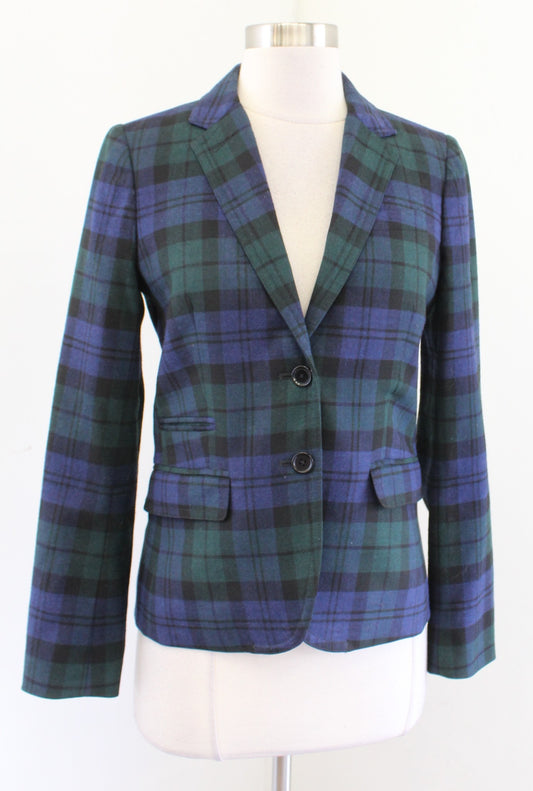 J Crew Navy Blue Green Blackwatch Plaid Wool Blend Blazer Jacket Size 0 Holiday