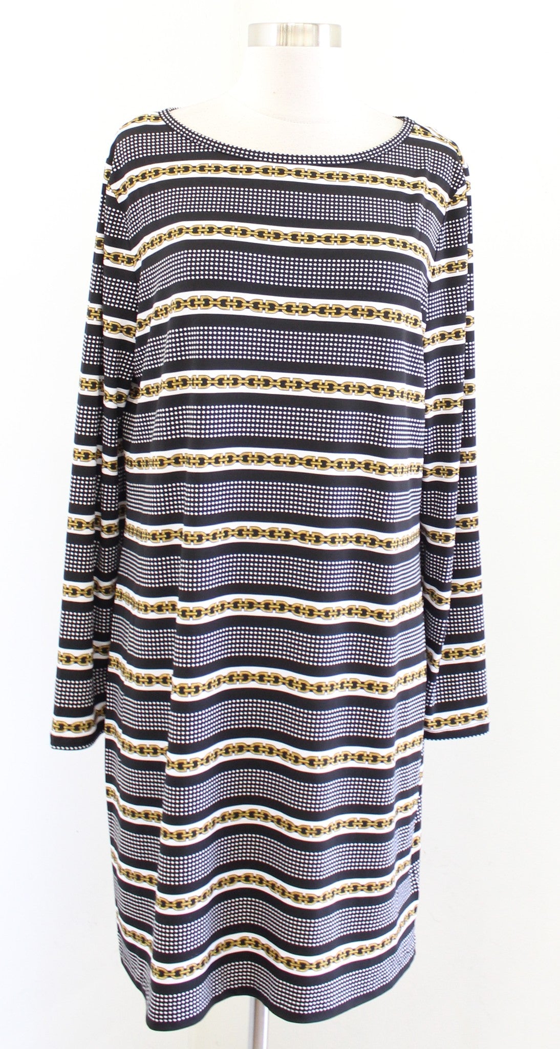 NWT Michael Kors Long Sleeve Polka Dot Striped Jersey Shift Dress Size XL Black