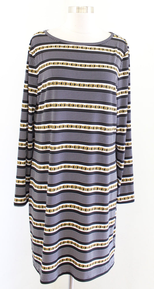 NWT Michael Kors Long Sleeve Polka Dot Striped Jersey Shift Dress Size XL Black