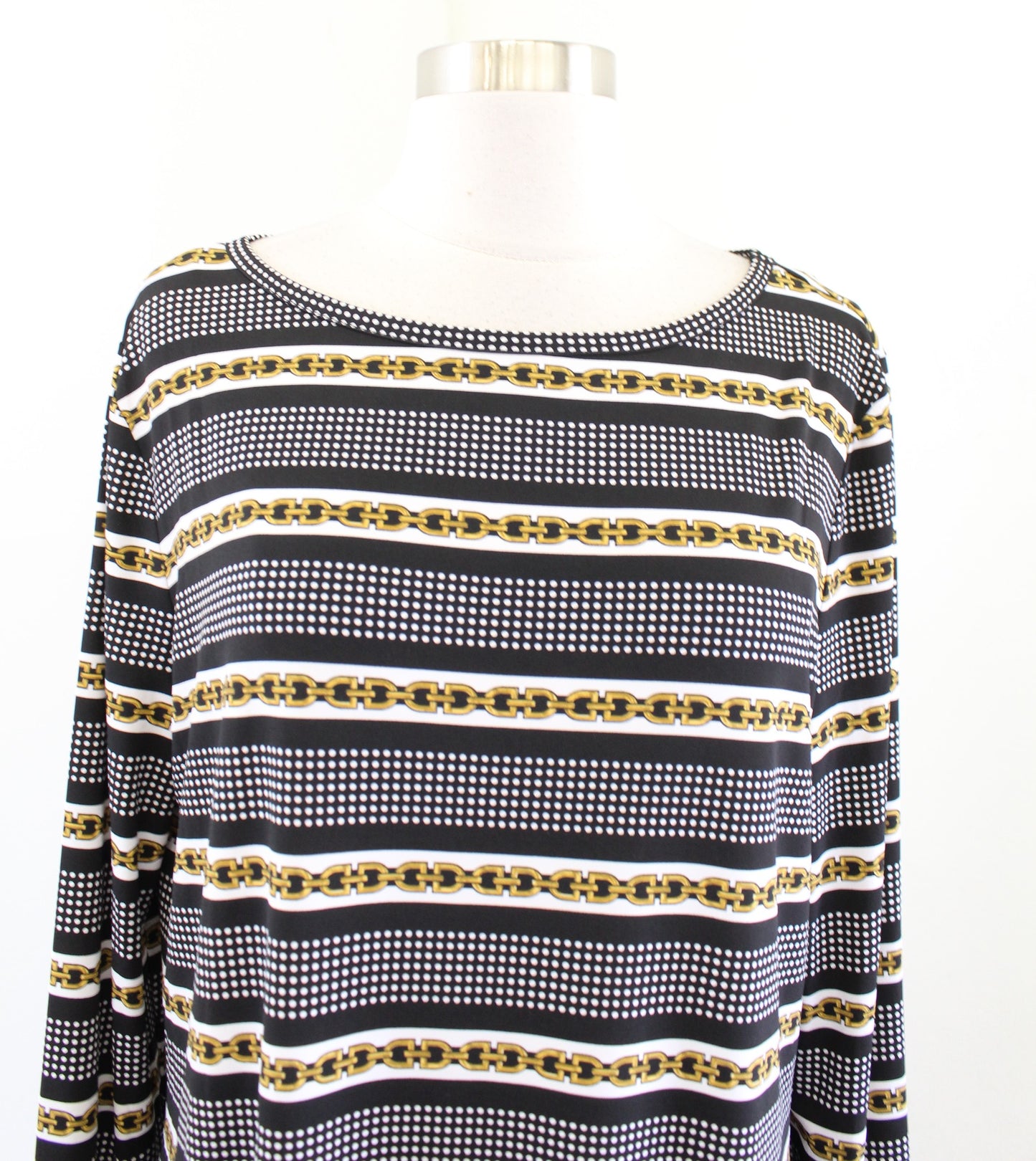 NWT Michael Kors Long Sleeve Polka Dot Striped Jersey Shift Dress Size XL Black