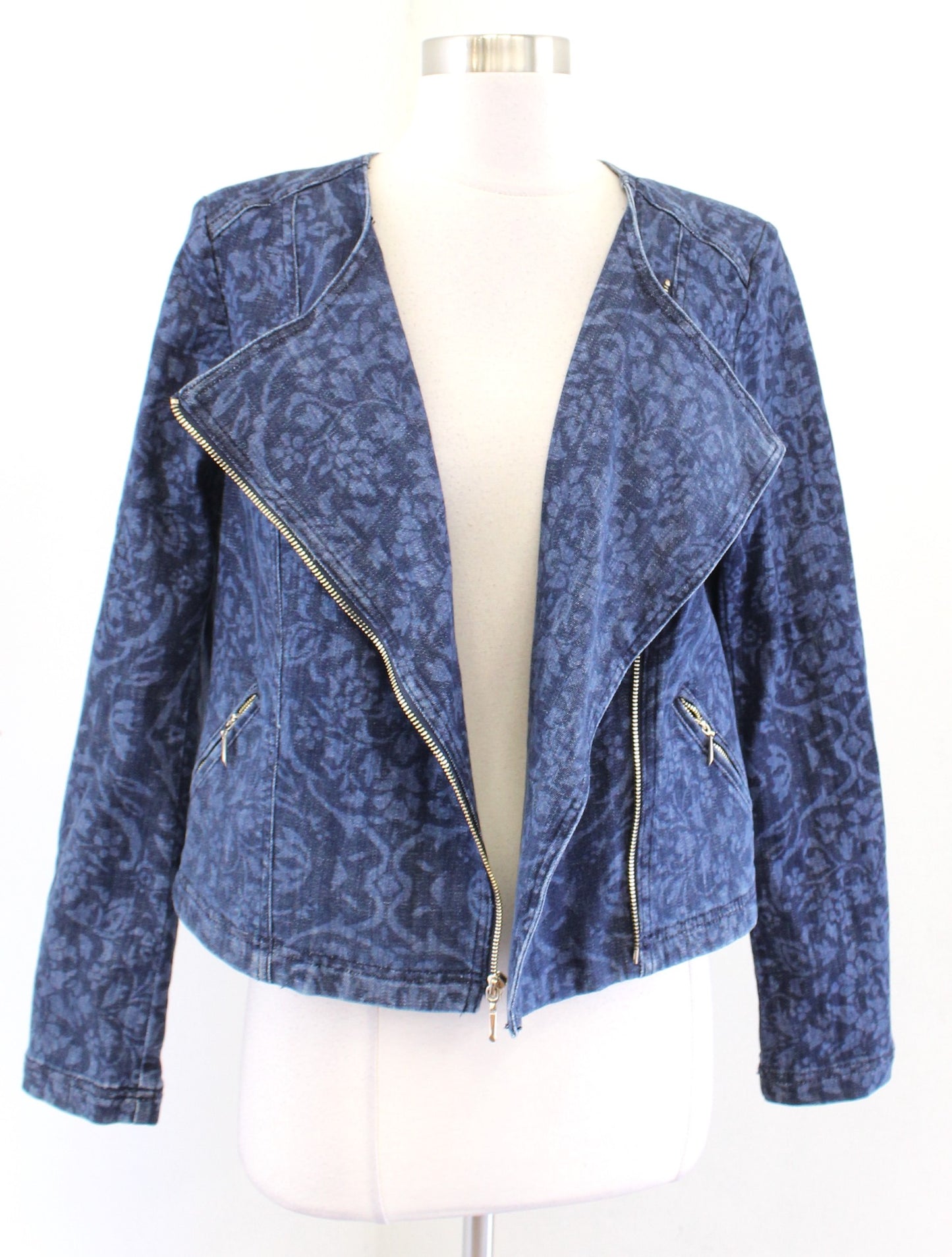 White House Black Market Denim Chambray Damask Moto Zip Jacket Size 10 Floral