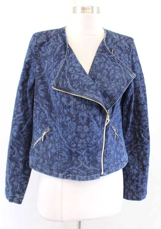 White House Black Market Denim Chambray Damask Moto Zip Jacket Size 10 Floral