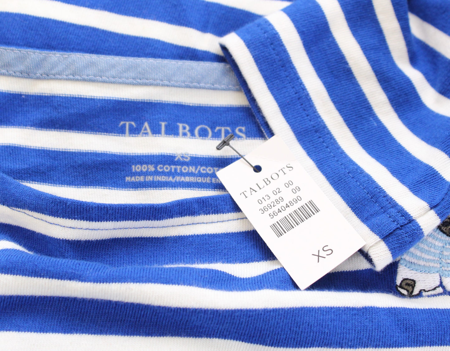 NWT Talbots Authentic Tee Blue Stripe Frenchie French Bulldog Embroidered Top XS