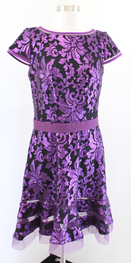 Tadashi Shoji Purple Black Sequin Mesh Flounce Hem Cocktail Evening Dress Size 8