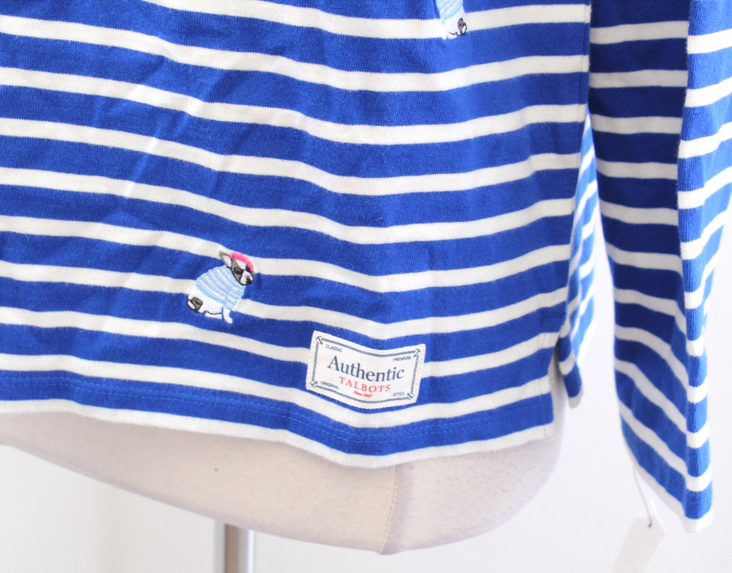 NWT Talbots Authentic Tee Blue Stripe Frenchie French Bulldog Embroidered Top XS