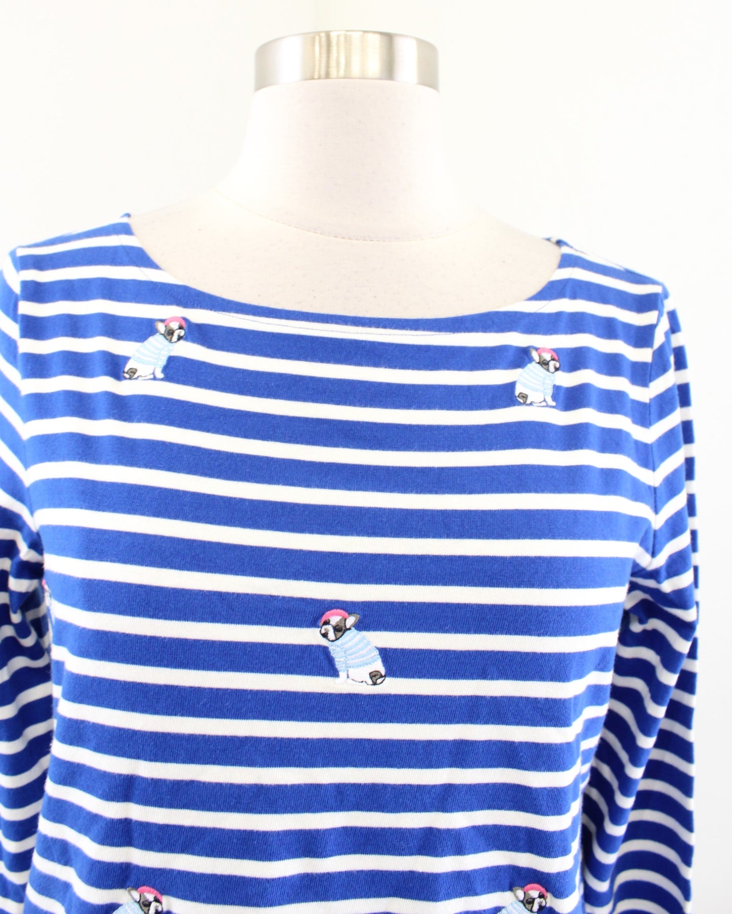 NWT Talbots Authentic Tee Blue Stripe Frenchie French Bulldog Embroidered Top XS