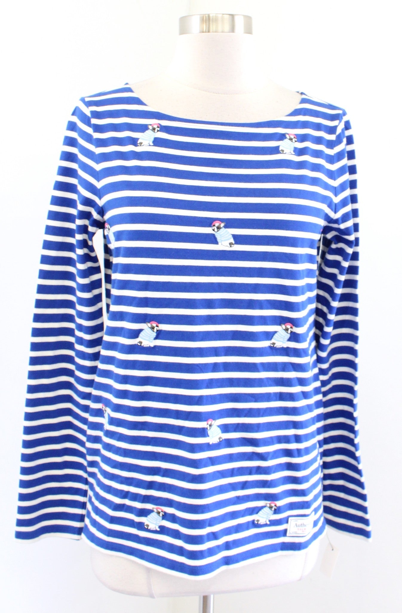 NWT Talbots Authentic Tee Blue Stripe Frenchie French Bulldog Embroidered Top XS