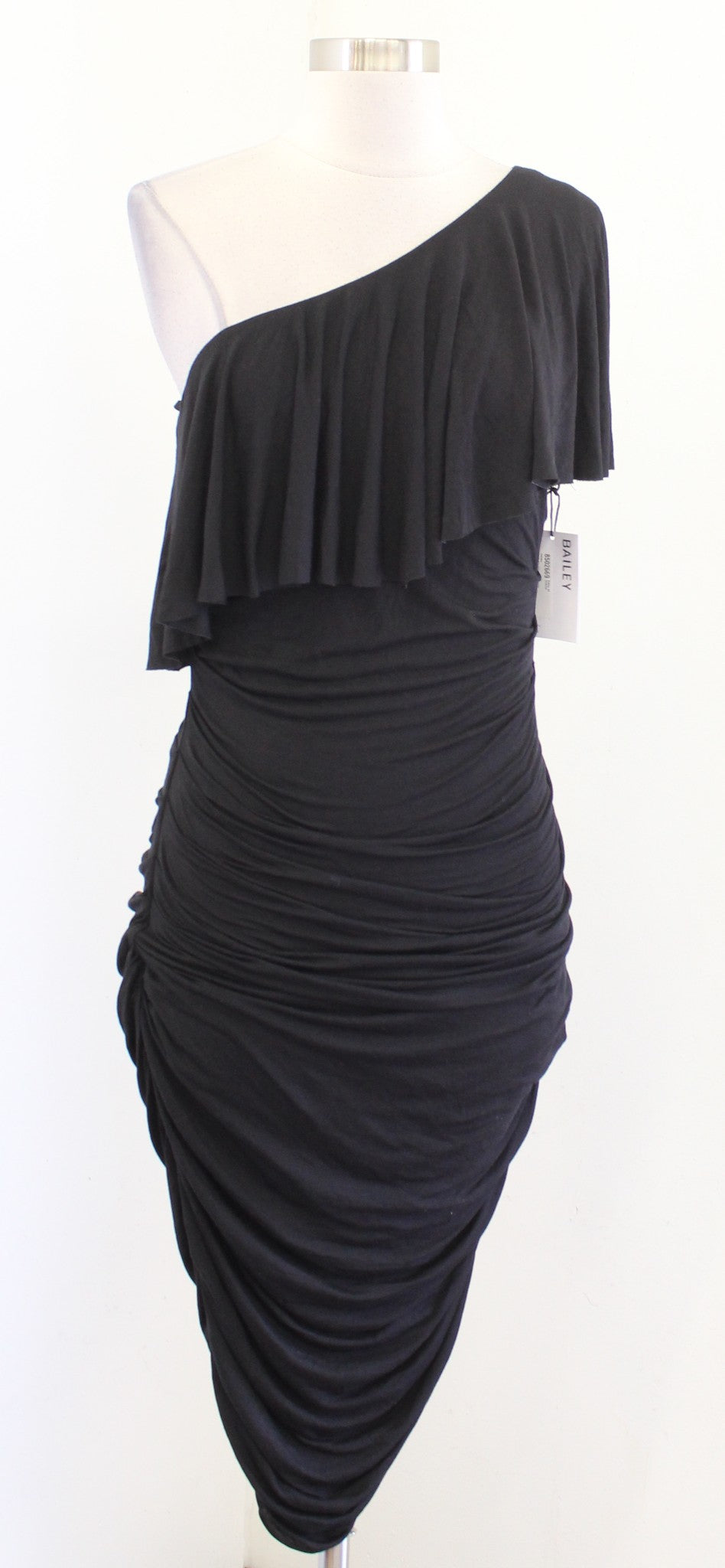 NWT Bailey 44 Anthropologie Black One Shoulder Ruffle Ruched Barbados Dress Sz M