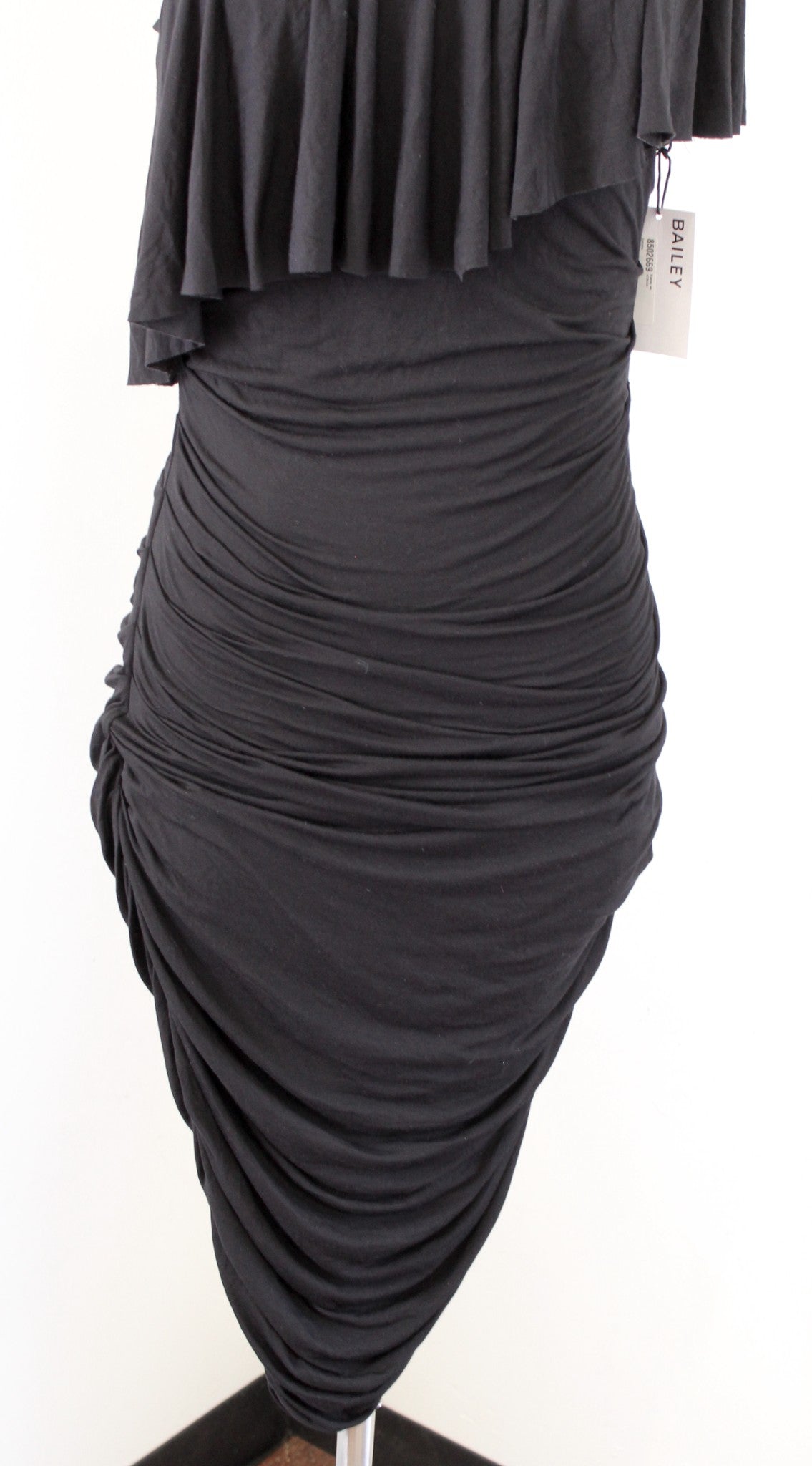 NWT Bailey 44 Anthropologie Black One Shoulder Ruffle Ruched Barbados Dress Sz M