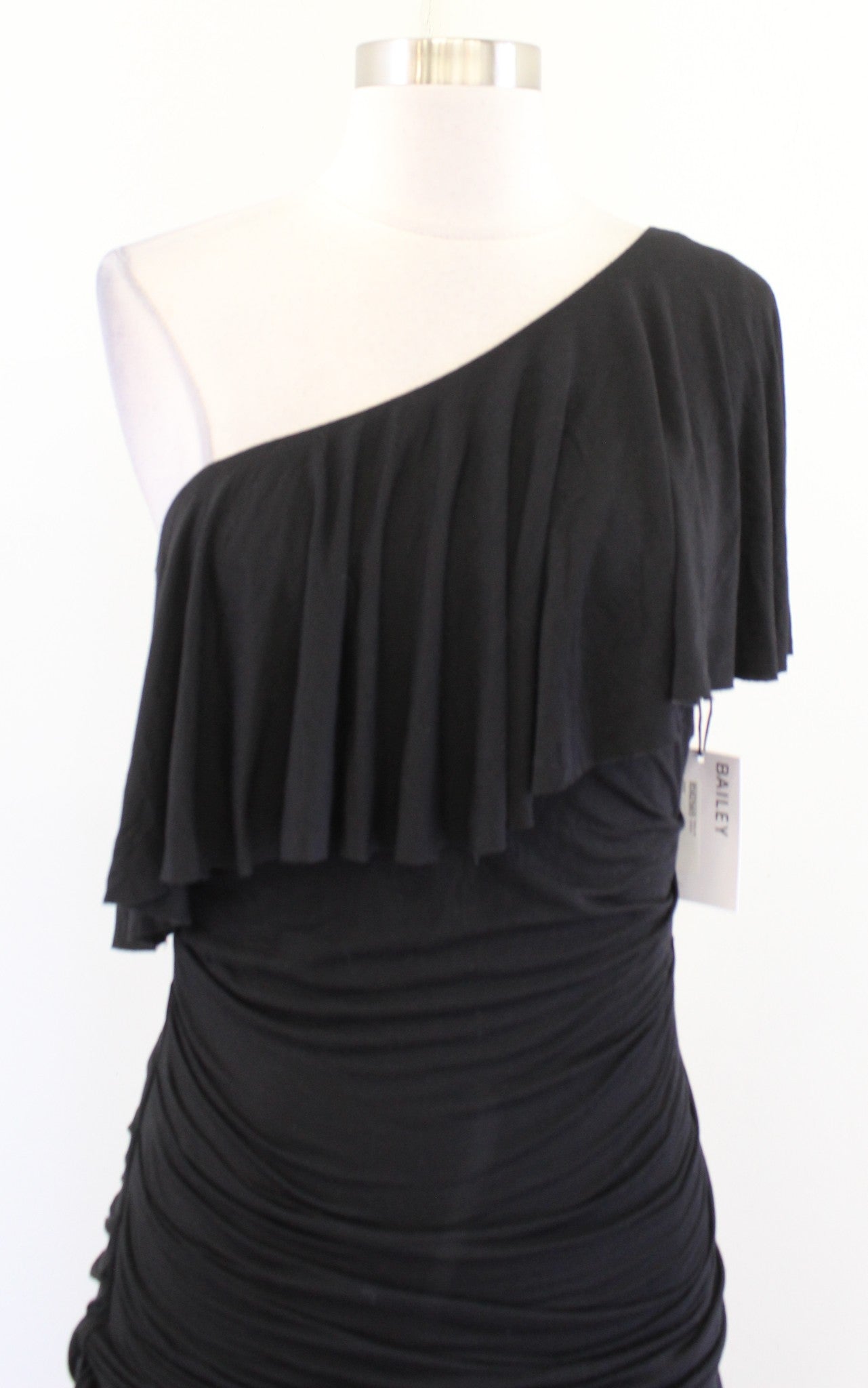 NWT Bailey 44 Anthropologie Black One Shoulder Ruffle Ruched Barbados Dress Sz M