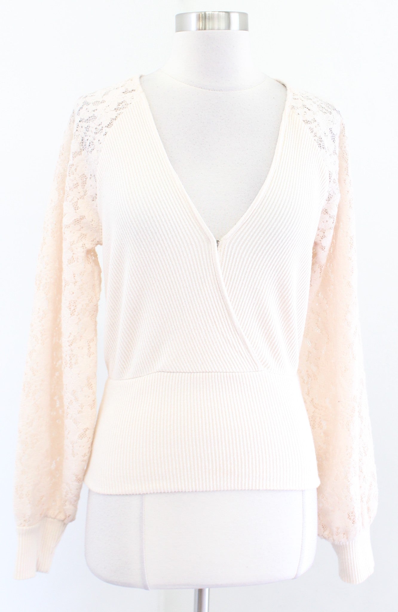 NWT by Anthropologie Ivory Cream Lace Sleeve V Neck Swetaer Top Size S Ribbed