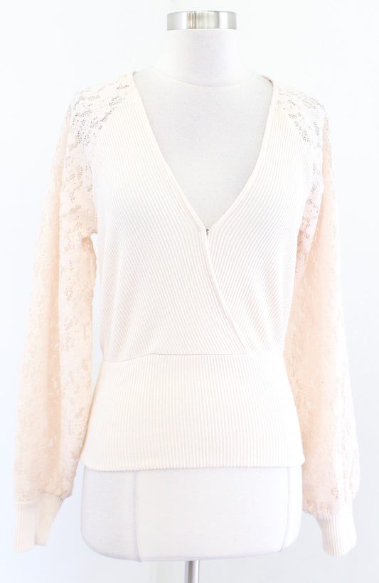 NWT by Anthropologie Ivory Cream Lace Sleeve V Neck Swetaer Top Size S Ribbed