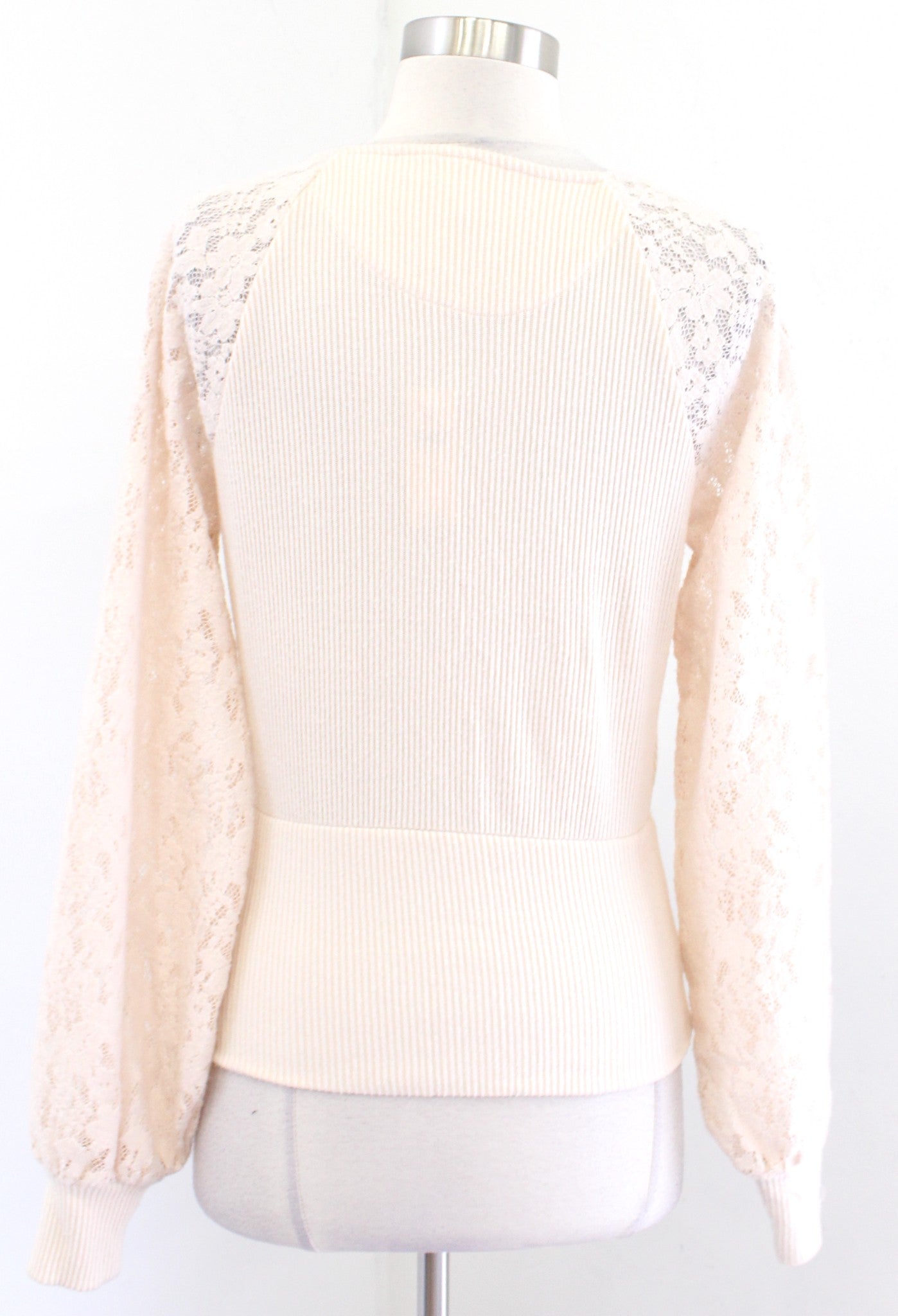 NWT by Anthropologie Ivory Cream Lace Sleeve V Neck Swetaer Top Size S Ribbed