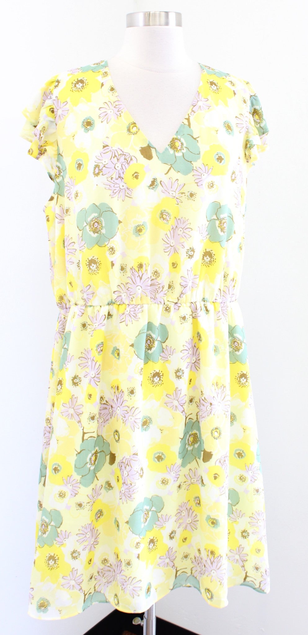 NWT Ann Taylor Factory Yellow Floral Flutter Sleeve Dress Size XL Casual Green