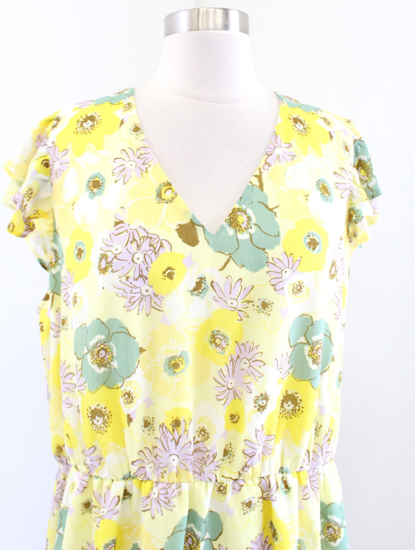 NWT Ann Taylor Factory Yellow Floral Flutter Sleeve Dress Size XL Casual Green