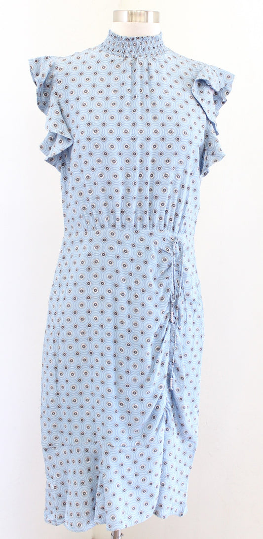 Elie Tahari Isabella Blue Silk Floral Mock Neck Ruched Sheath Dress Size 8