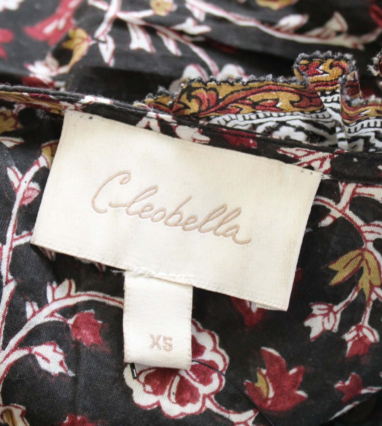 Cleobella Lotus Block Print Floral Ruffle Trim Tie Waist Midi Dress Size XS Boho