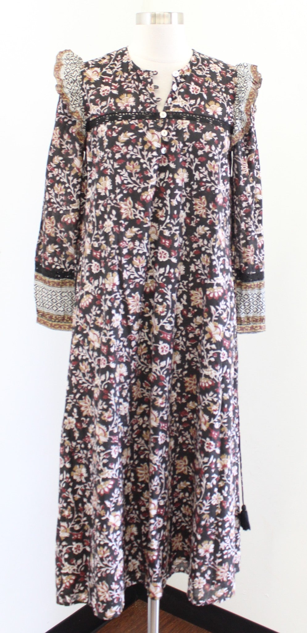 Cleobella Lotus Block Print Floral Ruffle Trim Tie Waist Midi Dress Size XS Boho