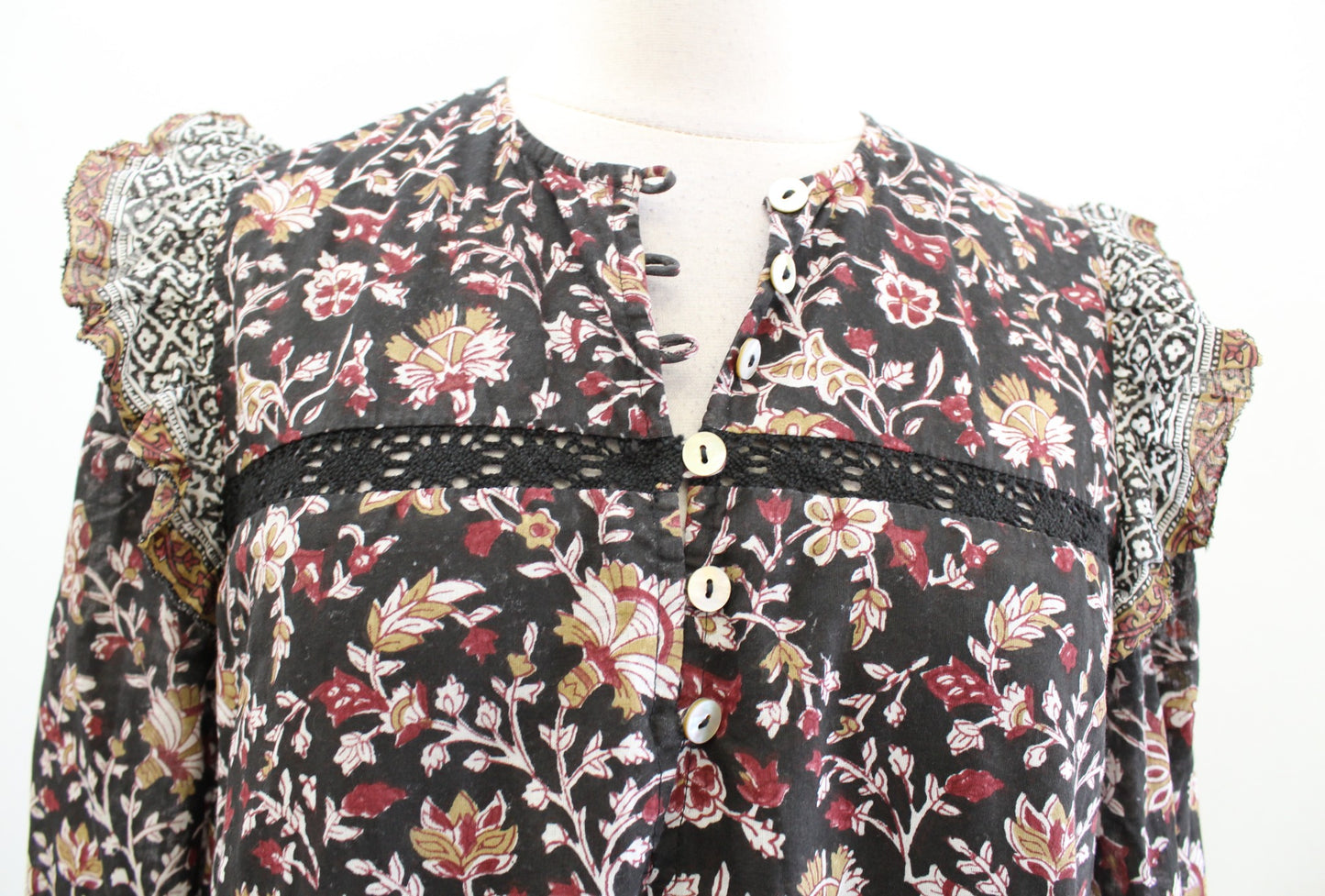 Cleobella Lotus Block Print Floral Ruffle Trim Tie Waist Midi Dress Size XS Boho
