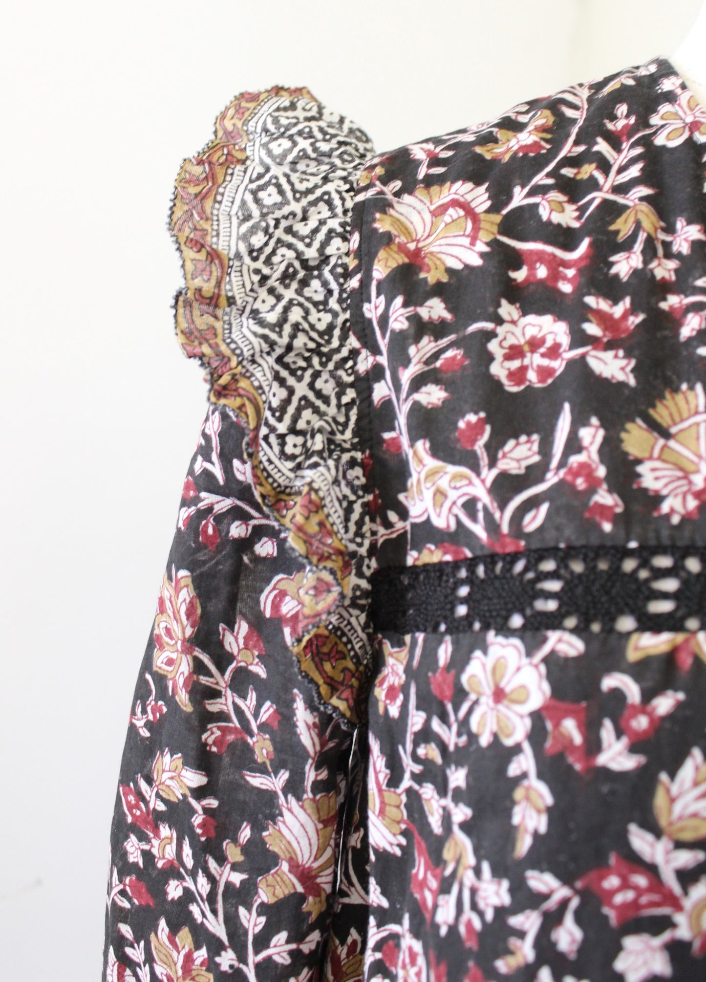 Cleobella Lotus Block Print Floral Ruffle Trim Tie Waist Midi Dress Size XS Boho