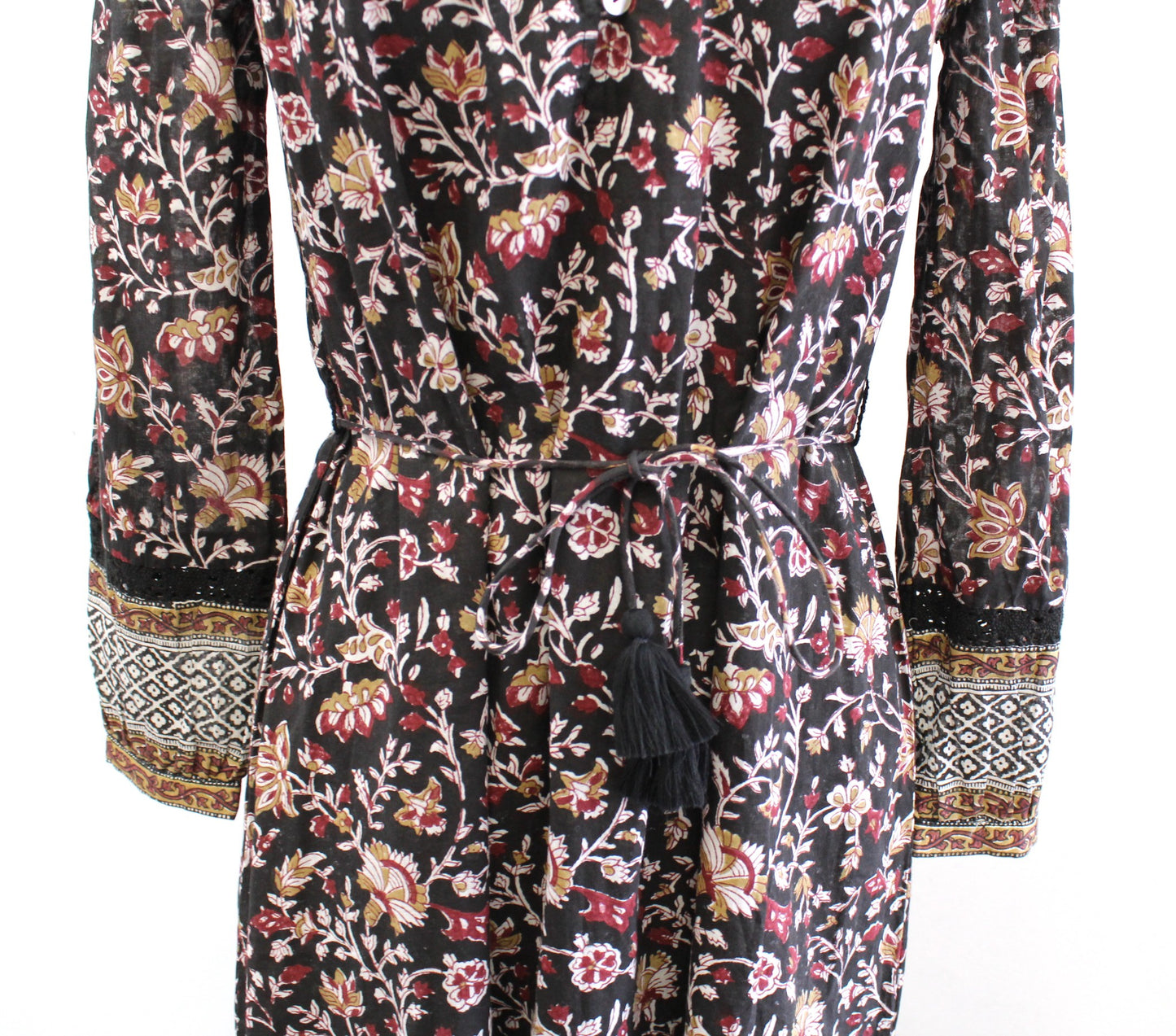 Cleobella Lotus Block Print Floral Ruffle Trim Tie Waist Midi Dress Size XS Boho