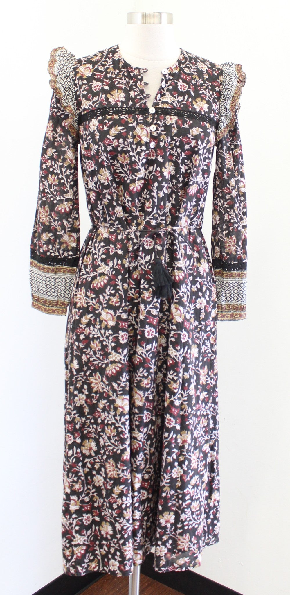 Cleobella Lotus Block Print Floral Ruffle Trim Tie Waist Midi Dress Size XS Boho