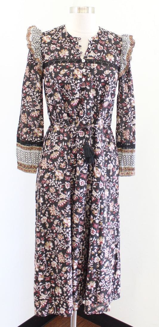 Cleobella Lotus Block Print Floral Ruffle Trim Tie Waist Midi Dress Size XS Boho