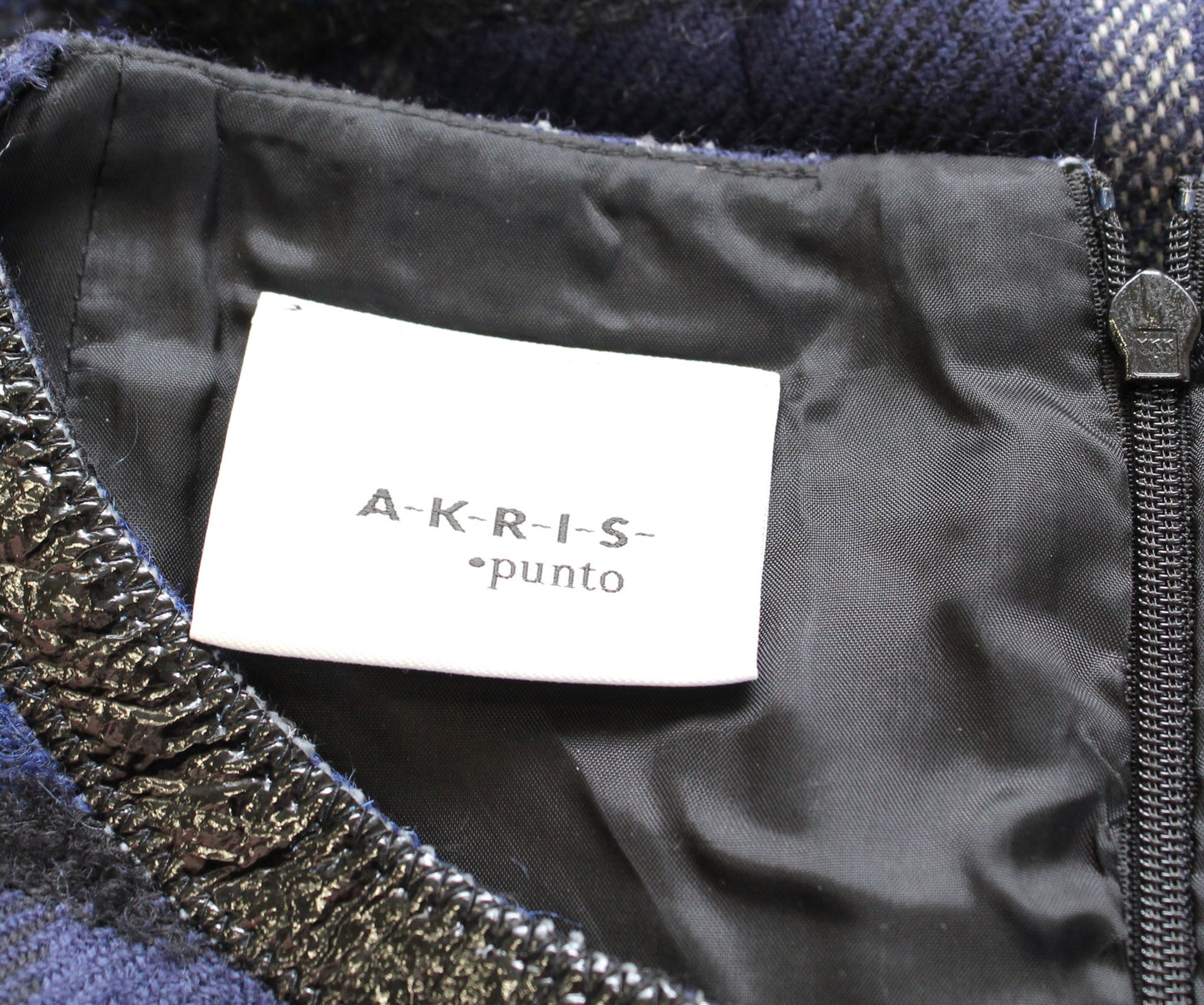 Akris Punto Blue Gray Black Plaid Patent Trim Wool Alpaca Sheath Dress Size 6