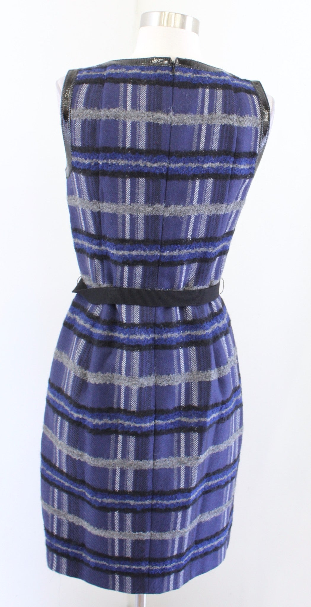 Akris Punto Blue Gray Black Plaid Patent Trim Wool Alpaca Sheath Dress Size 6