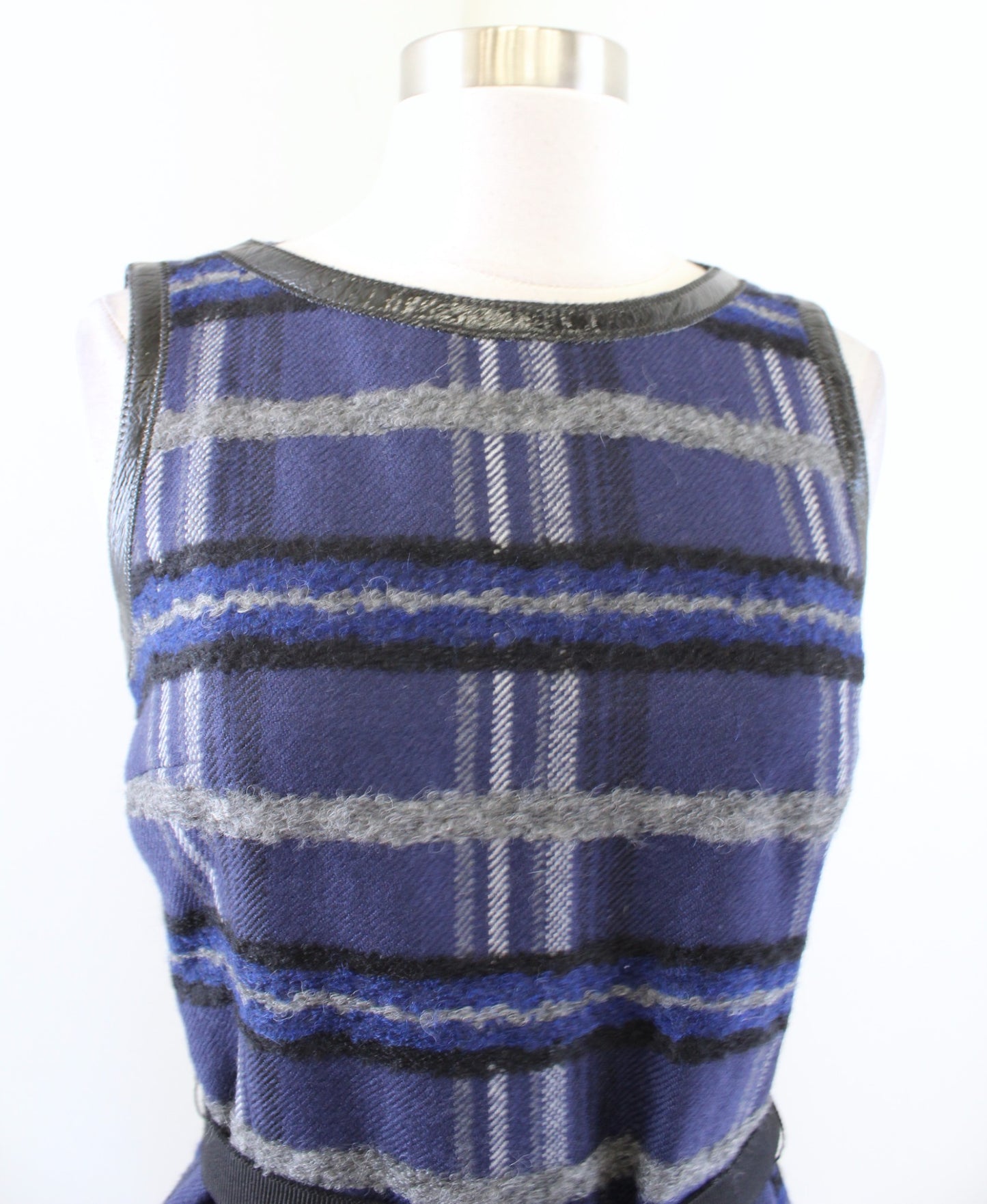 Akris Punto Blue Gray Black Plaid Patent Trim Wool Alpaca Sheath Dress Size 6