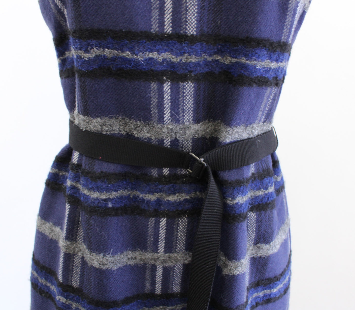 Akris Punto Blue Gray Black Plaid Patent Trim Wool Alpaca Sheath Dress Size 6