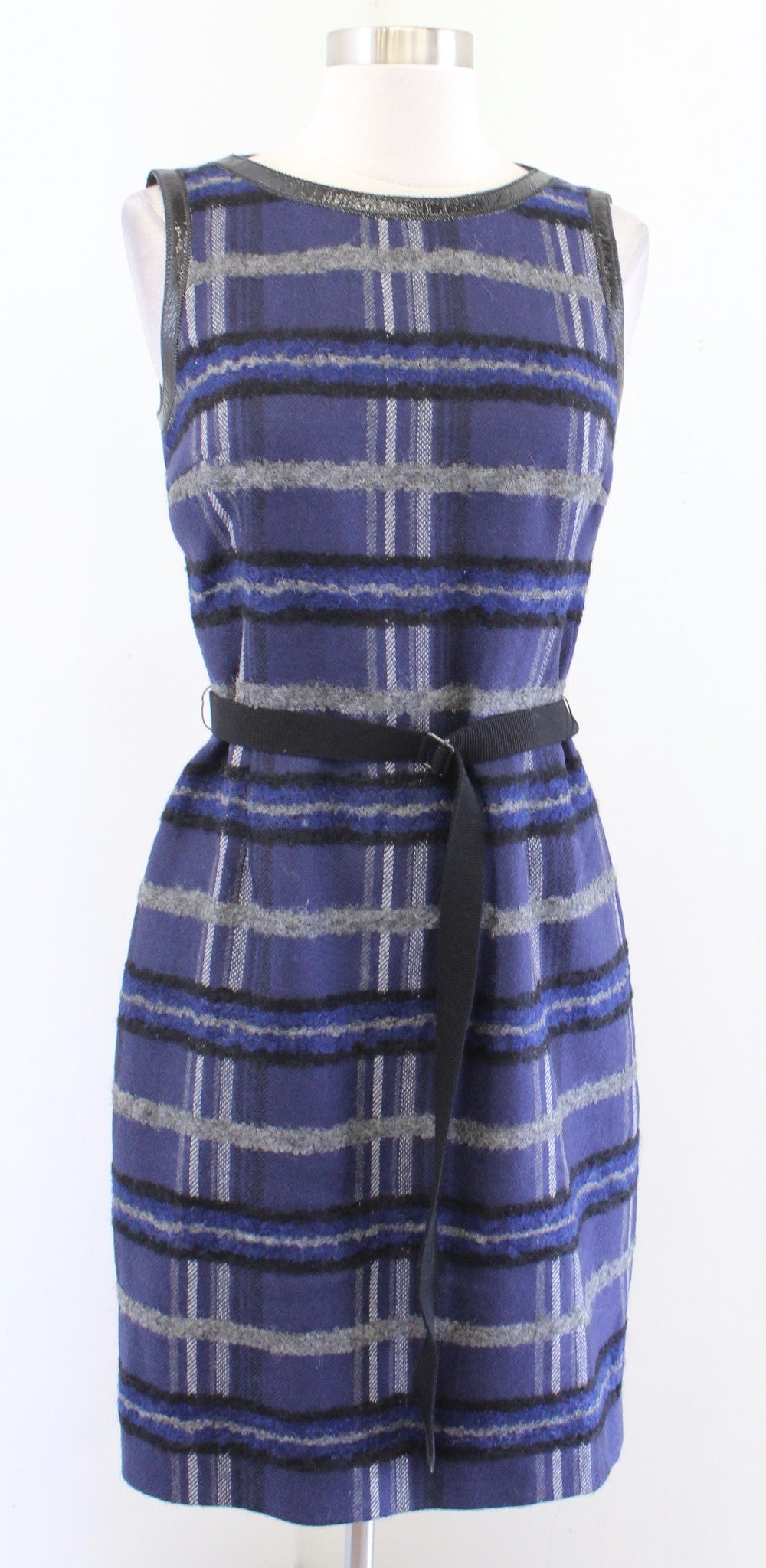 Akris Punto Blue Gray Black Plaid Patent Trim Wool Alpaca Sheath Dress Size 6