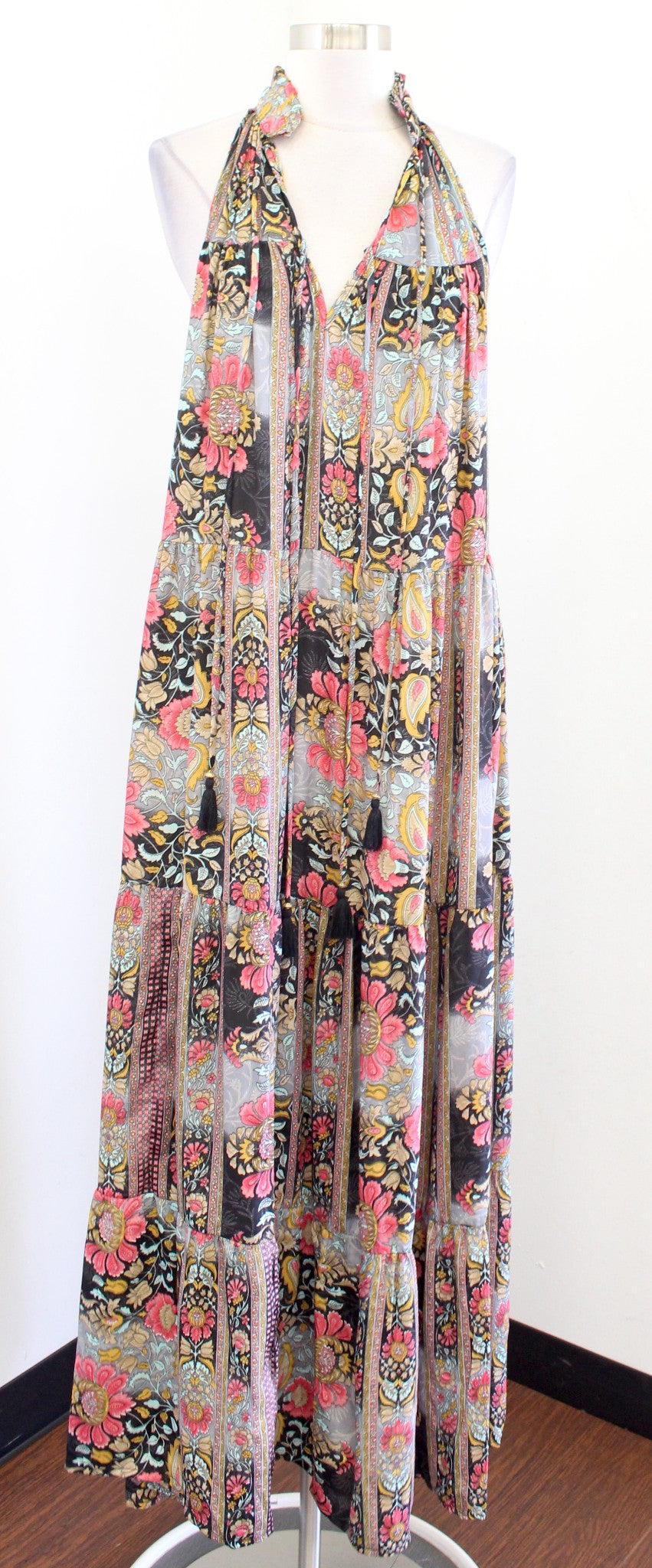 Dolma Silk Blend Sleeveless Tie Neck Paisley Print Maxi Dress Size M / L Boho