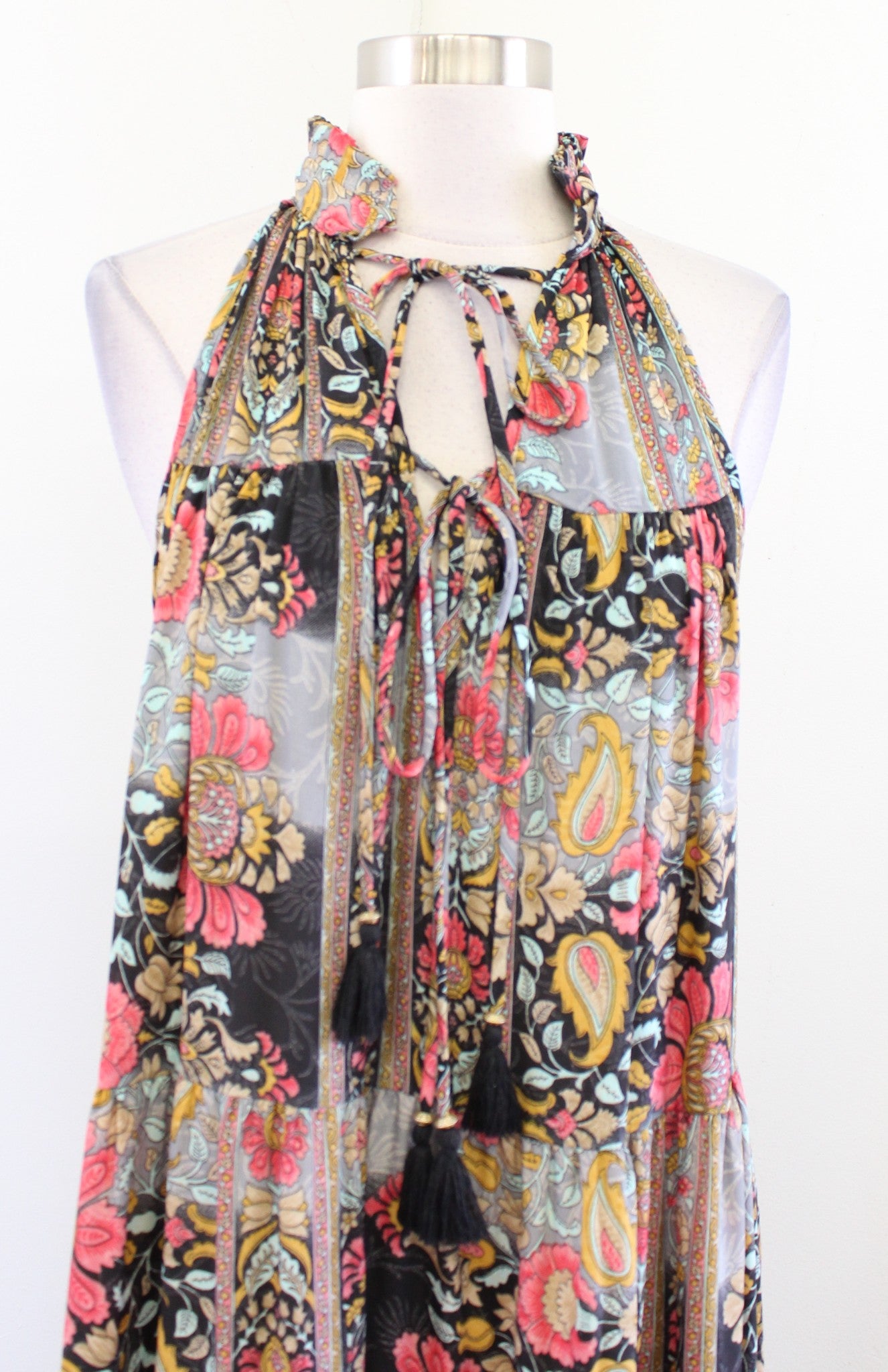 Dolma Silk Blend Sleeveless Tie Neck Paisley Print Maxi Dress Size M / L Boho