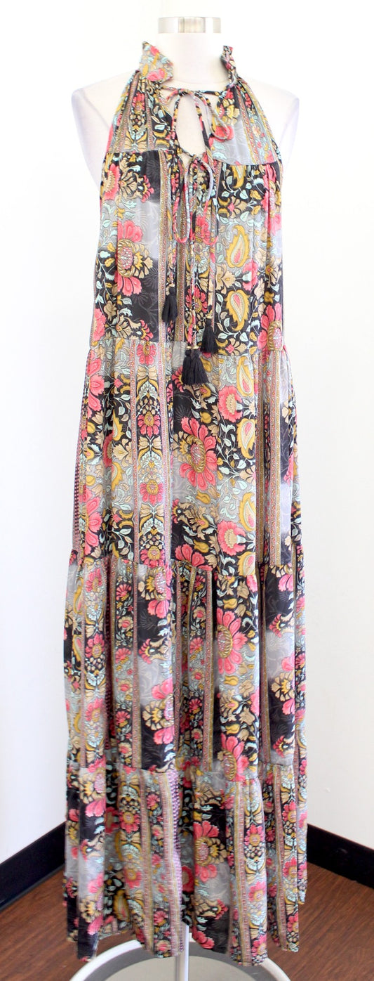 Dolma Silk Blend Sleeveless Tie Neck Paisley Print Maxi Dress Size M / L Boho