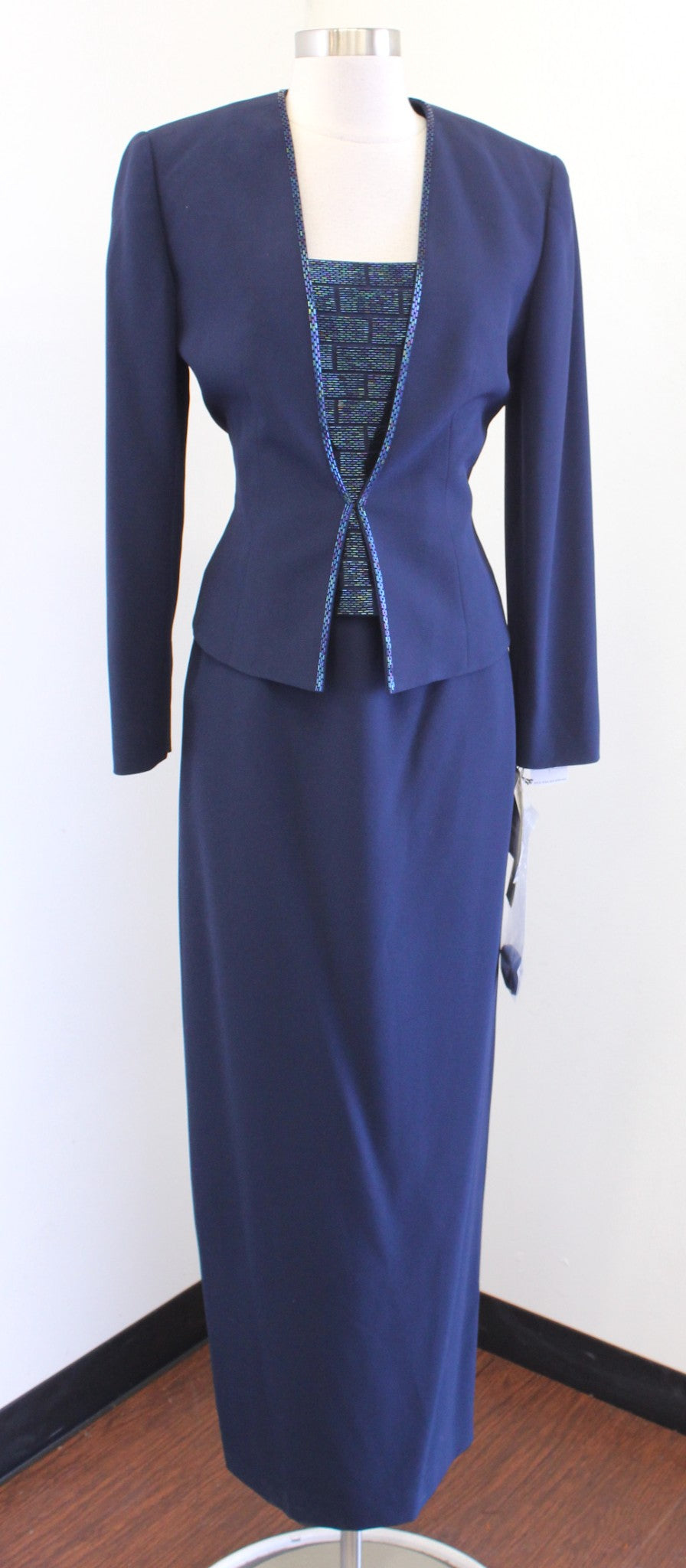 NWT Daymor Couture Navy Blue Sequin Formal Dress & Jacket Set Evening Queen City Resale NWT Daymor Couture Navy Blue Sequin Formal Dress & Jacket Set Evening Queen City Resale