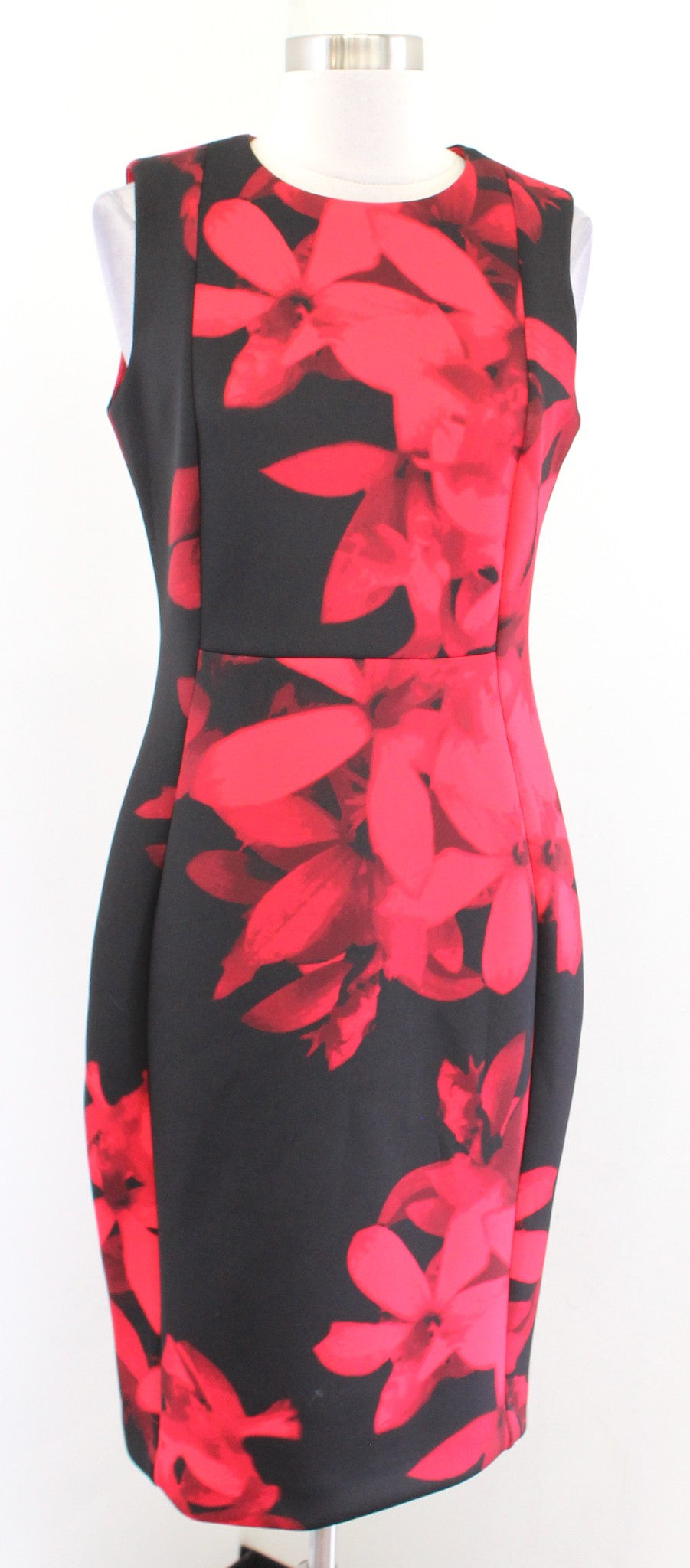 Calvin Klein Black Red Floral Print Scuba Sheath Dress Size 8 Career Office