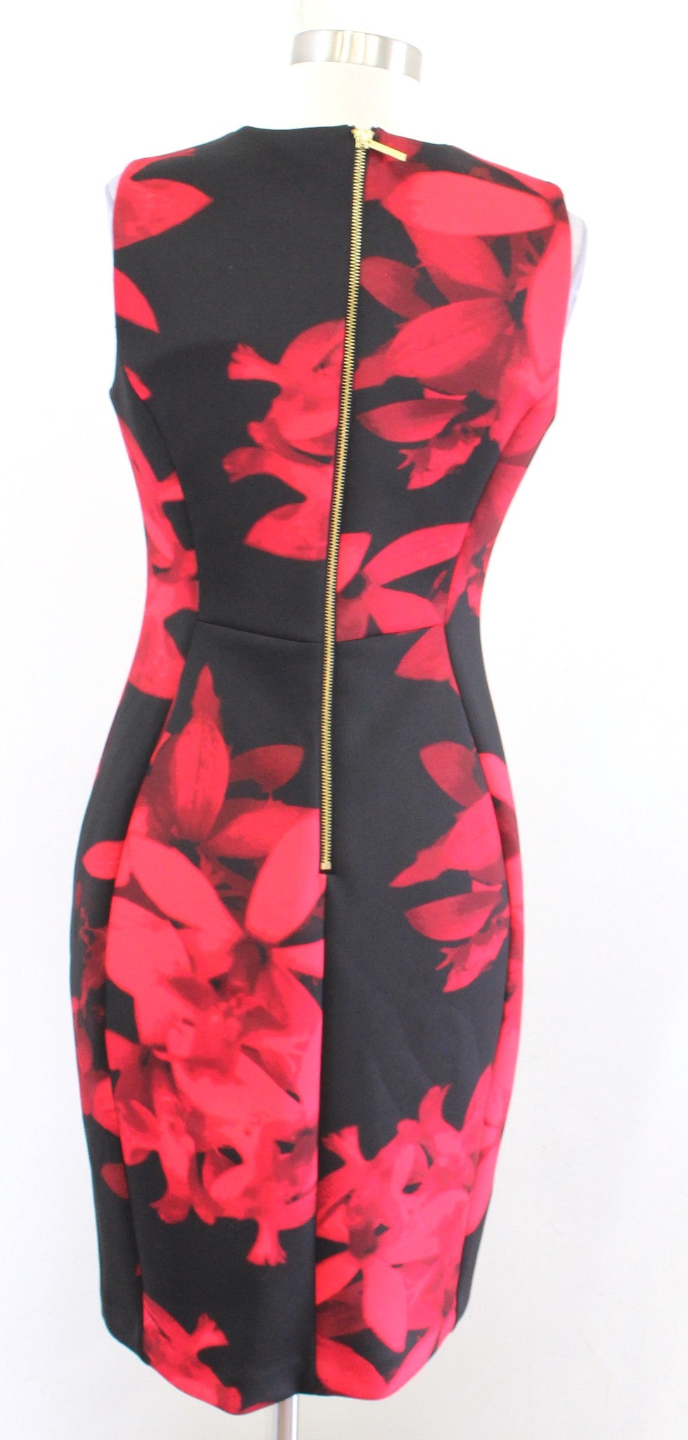 Calvin Klein Black Red Floral Print Scuba Sheath Dress Size 8 Career Office