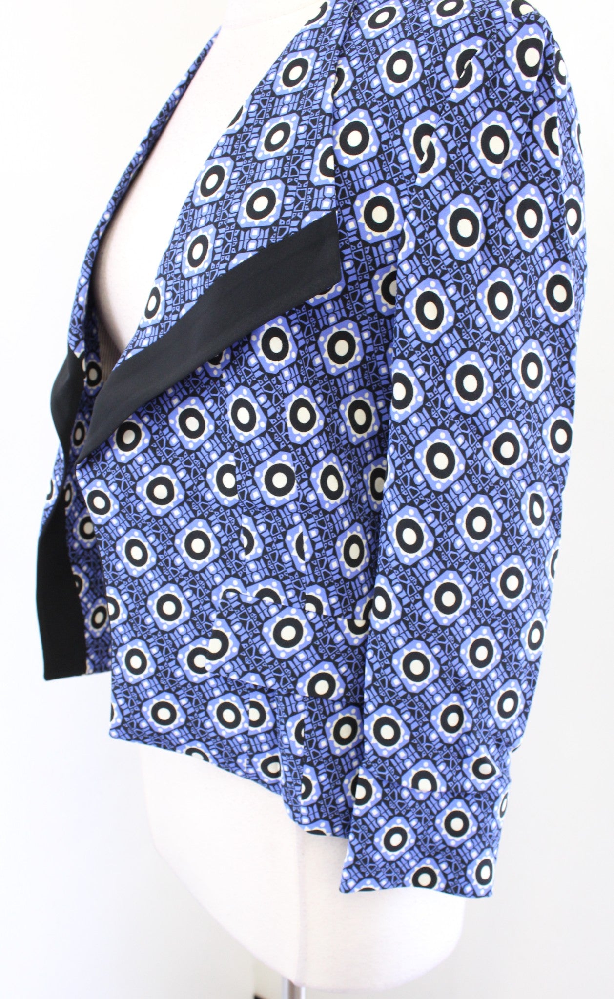 ETRO Milano Blue Black Open Geometric Print Moto Style Blazer Jacket Size 38