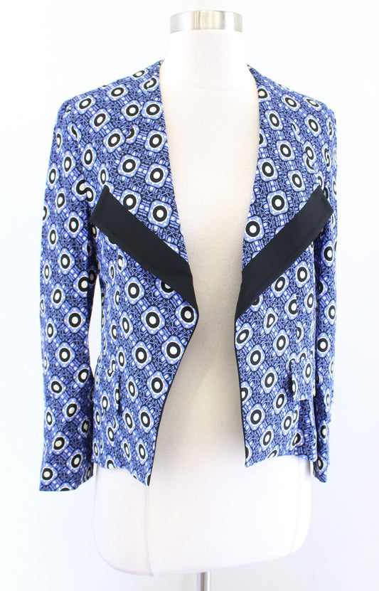 ETRO Milano Blue Black Open Geometric Print Moto Style Blazer Jacket Size 38