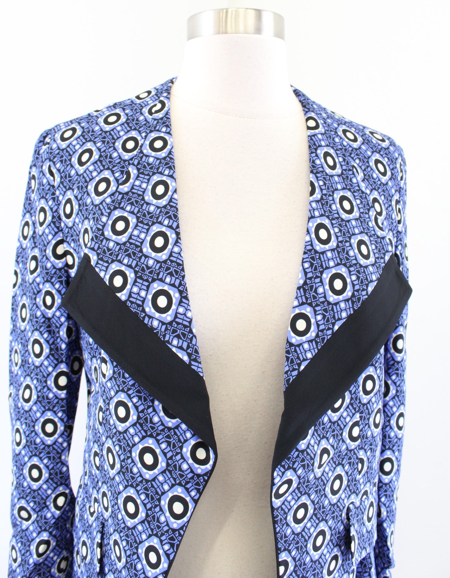 ETRO Milano Blue Black Open Geometric Print Moto Style Blazer Jacket Size 38