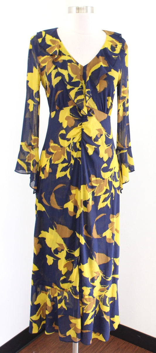 CAbi Midnight Dress Navy Blue Yellow Floral Mesh Ruffle Midi Maxi Size XS 4242