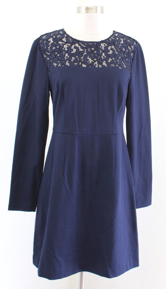 NWT New Trina Turk Navy Blue Ponte Lace Trim Long Sleeve Dress Size 8 A Line