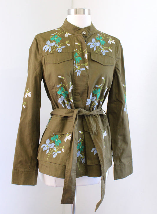 NWT Ann Taylor Olive Green Floral Embroidered Safari Utility Jacket Size S Tie