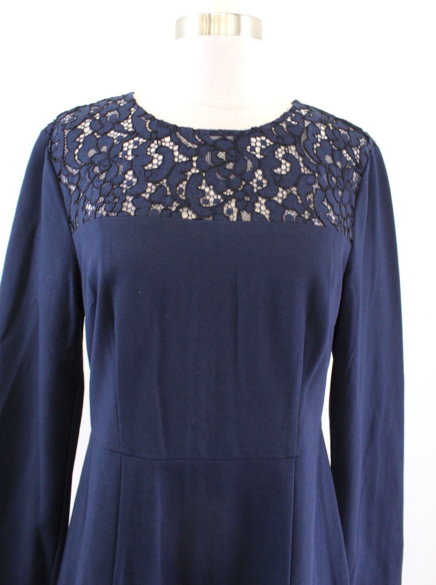 NWT New Trina Turk Navy Blue Ponte Lace Trim Long Sleeve Dress Size 8 A Line