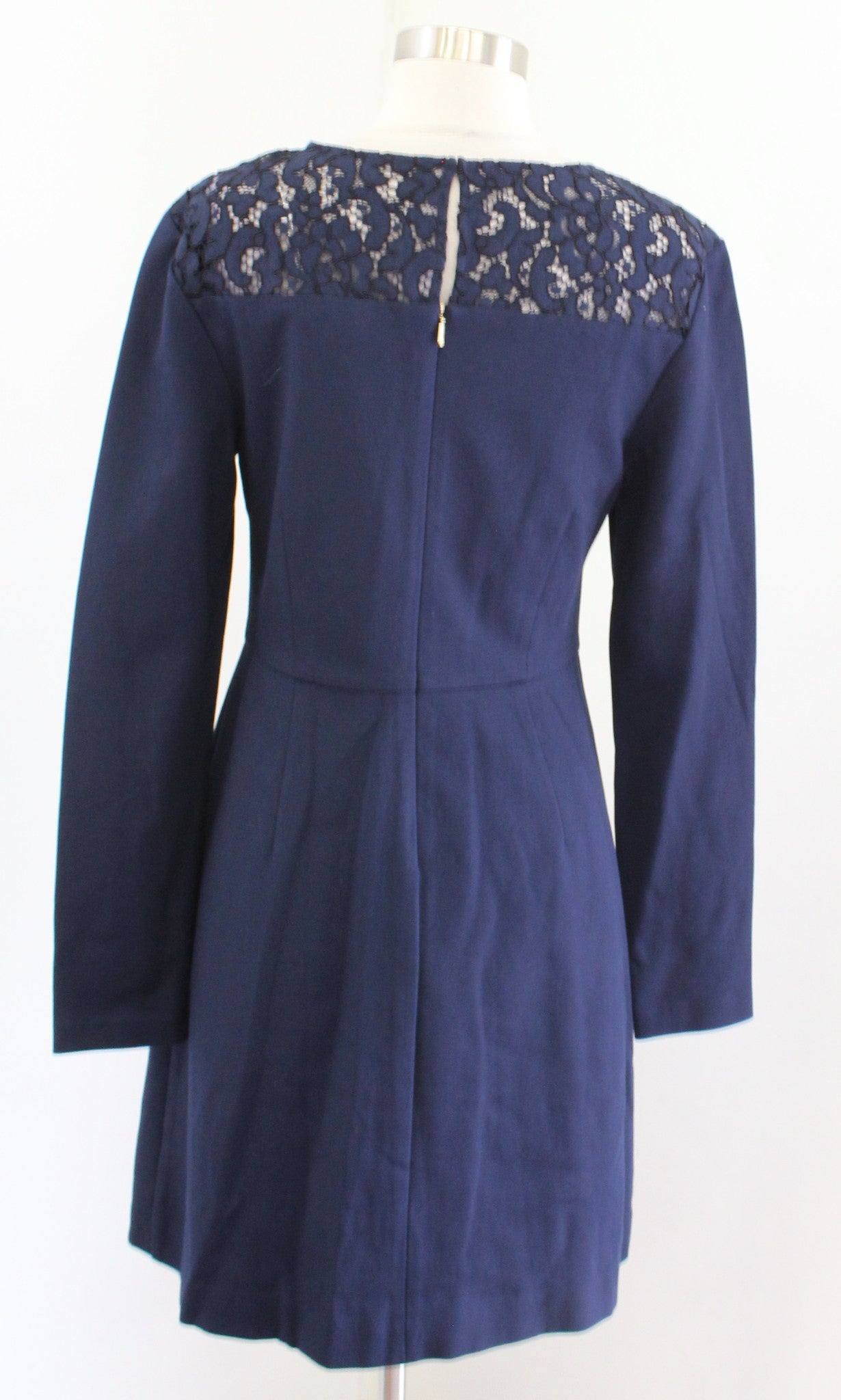 NWT New Trina Turk Navy Blue Ponte Lace Trim Long Sleeve Dress Size 8 A Line